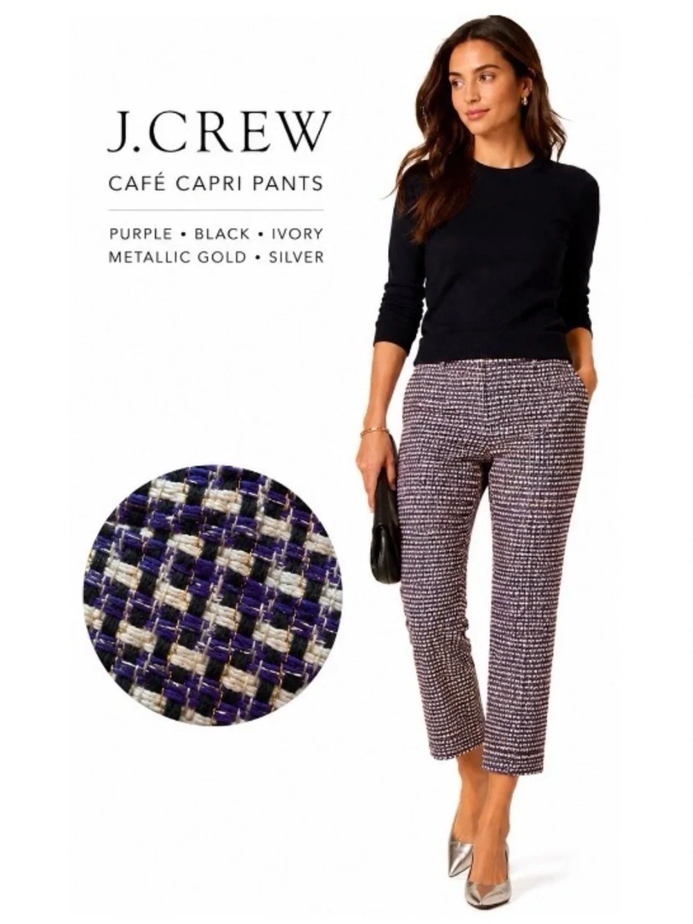 J. Crew Tweed Café Capri Pants in Purple, Black & Ivory with Metallic Threads